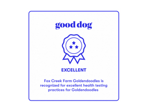 good dog logo with excellent rating for Fox Creek Farm Goldendoodles & Bernedoodles