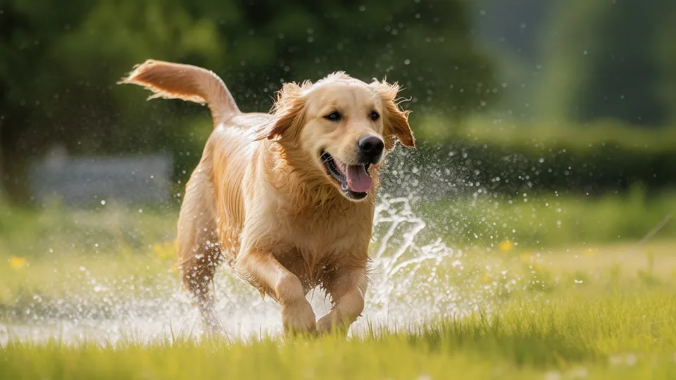 golden retriever jumping in water