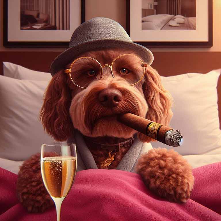 Goldendoodle in bed with a cigar and chanpaign