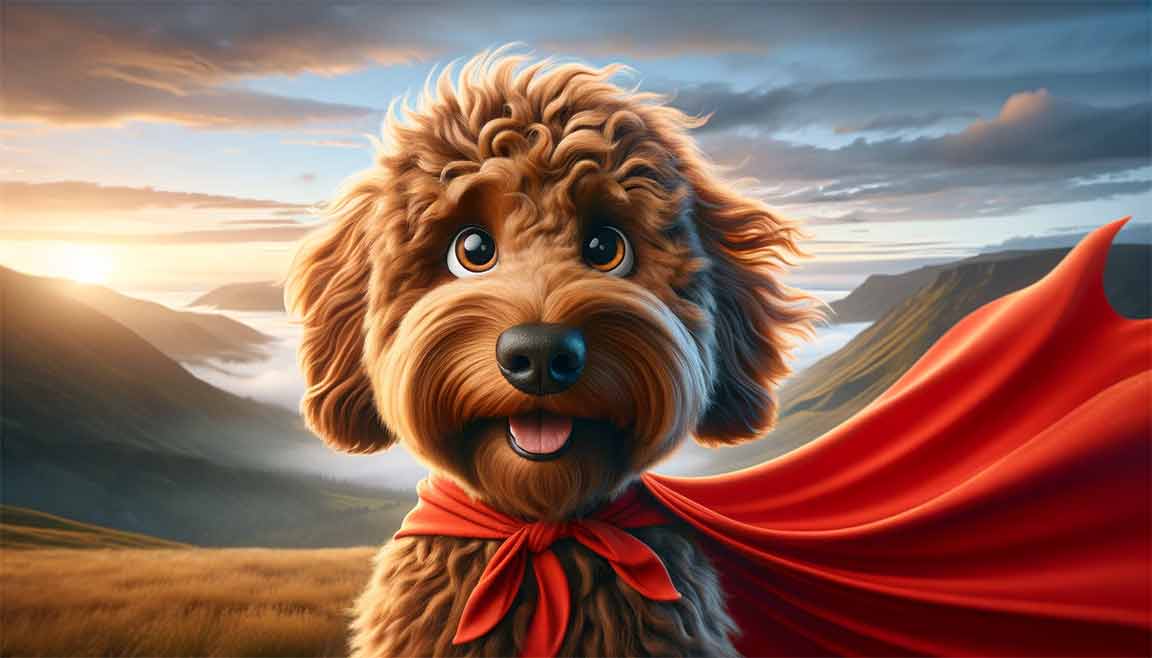 AI generated brown Pixar style Goldendoodle with a red cape