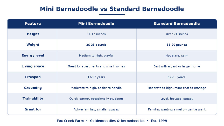 Comparison chart of mini Bernedoodle vs Standard Bernedoodle